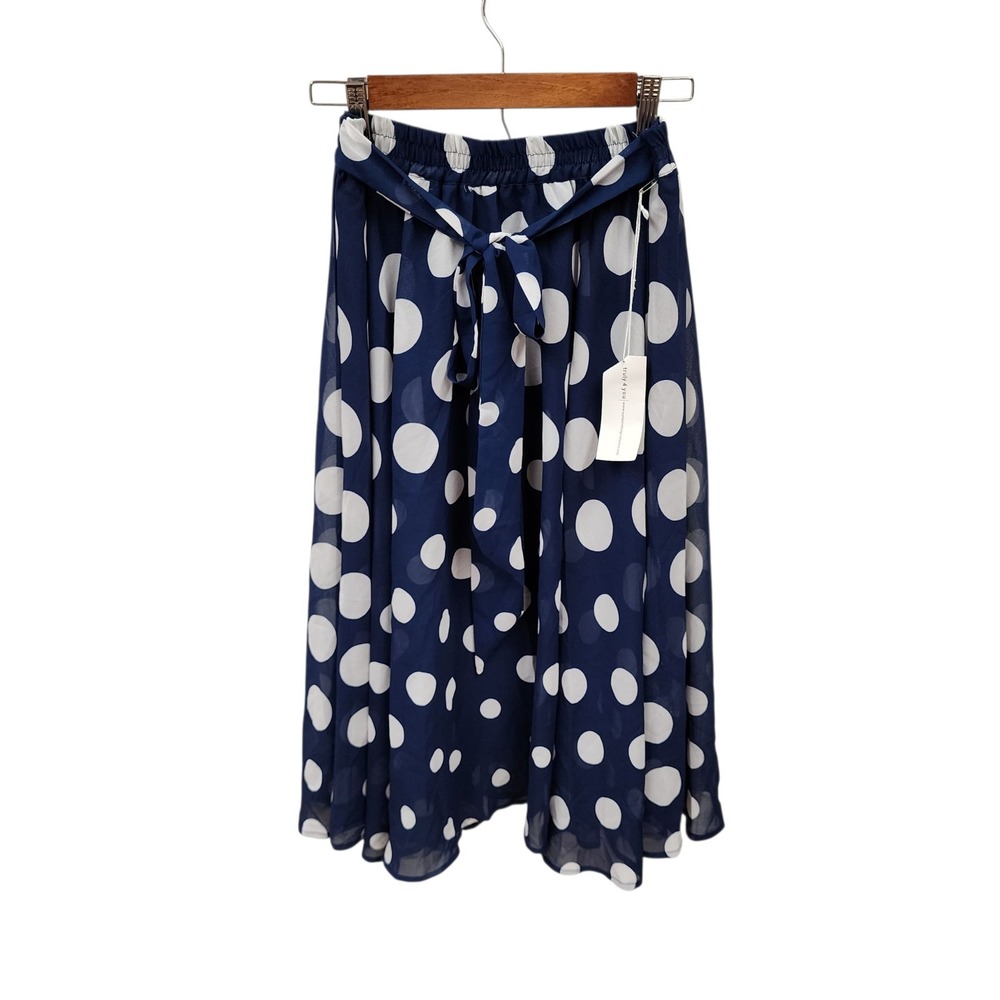 Truly 4 You Womens Long Navy Blue Polka Dot Tie Belt Skirt Sz Small NWT